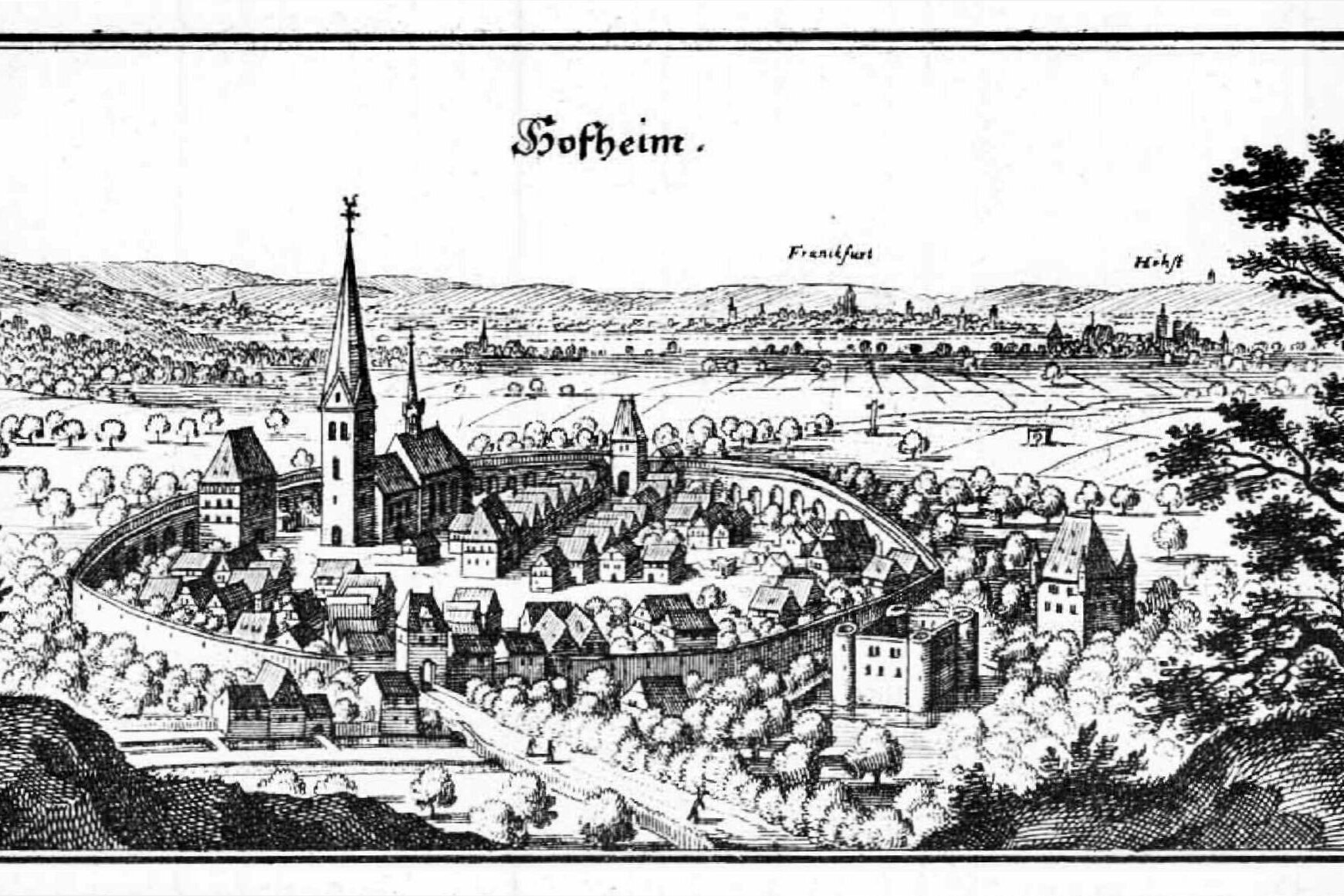 Historisches Bild zeigt Hofheim mit Stadtmauer und das Gebiet um Hofheim