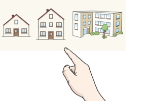 Drei Häuser nebeneinander; eine Hand, die auf das Haus in der Mitte zeigt