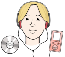 Frau mit Kopfhörern und einem MP3-Player sowie einer CD