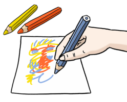 Blatt, auf dem egrade mit blau gemalt wird. Gelber und roter Stift liegen daneben.