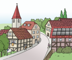 Straße mit Häusern und einer Kirche (Dorf)