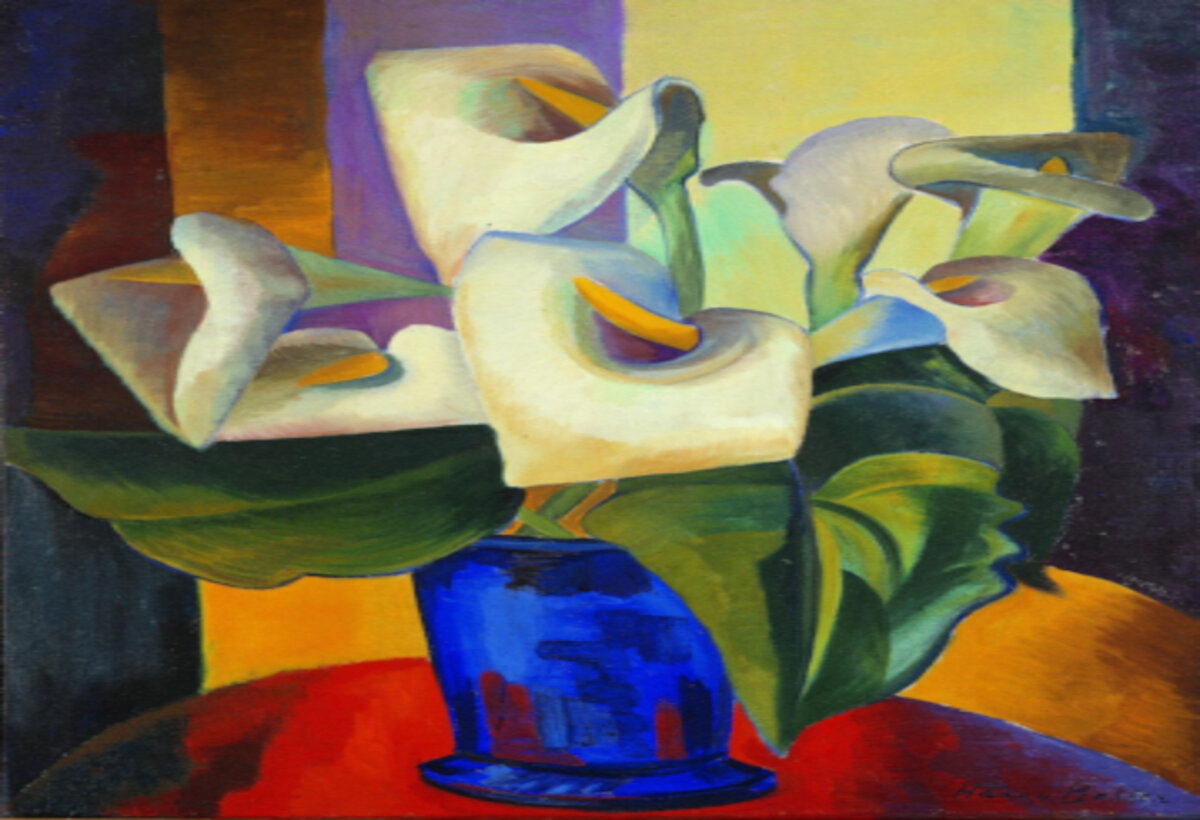 Auf dem Bild sieht man ein Gemälde der Künstlerin Hanna Bekker vom Rath, das Blüten einer Kalla in einer blauen Vase abbildet.