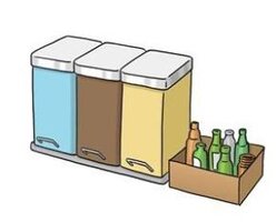 3 bunte Mülleimer und ein Karton mit leeren Flaschen