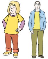 Kind in roter Hose und gelb/lilalen Shirt mit blonden Haaren. Und ein Mann.