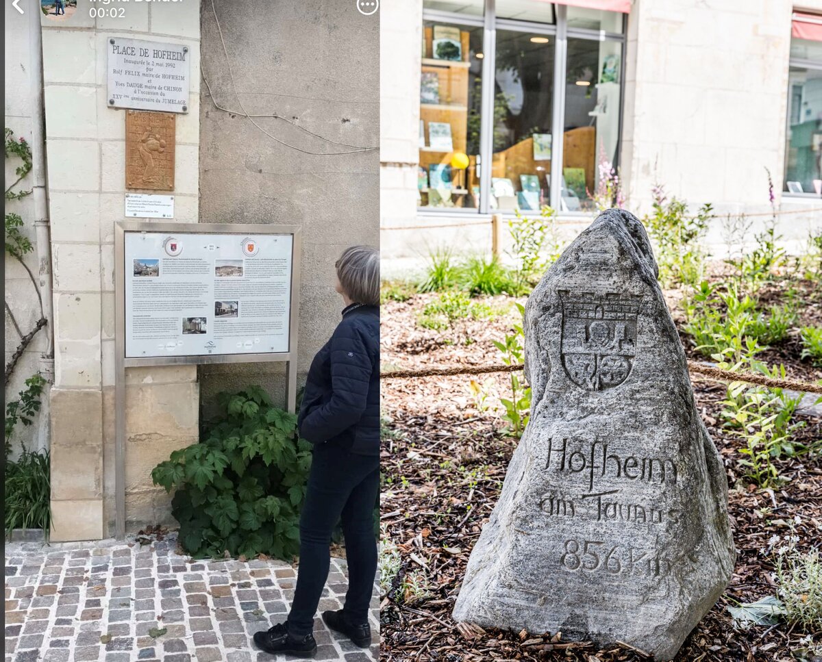 Mai 2026 Fahrt nach Chinon_Tafel über die Partnerstädte und Stein in Chinon zeigt Entfernung nach Hofheim