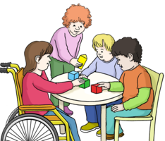 Kinder spielen am Tisch mit der Betreuerin. Ein Kind sitzt im Rollstuhl.