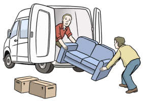 Zwei Männer laden ein Sofa in einen Transporter
