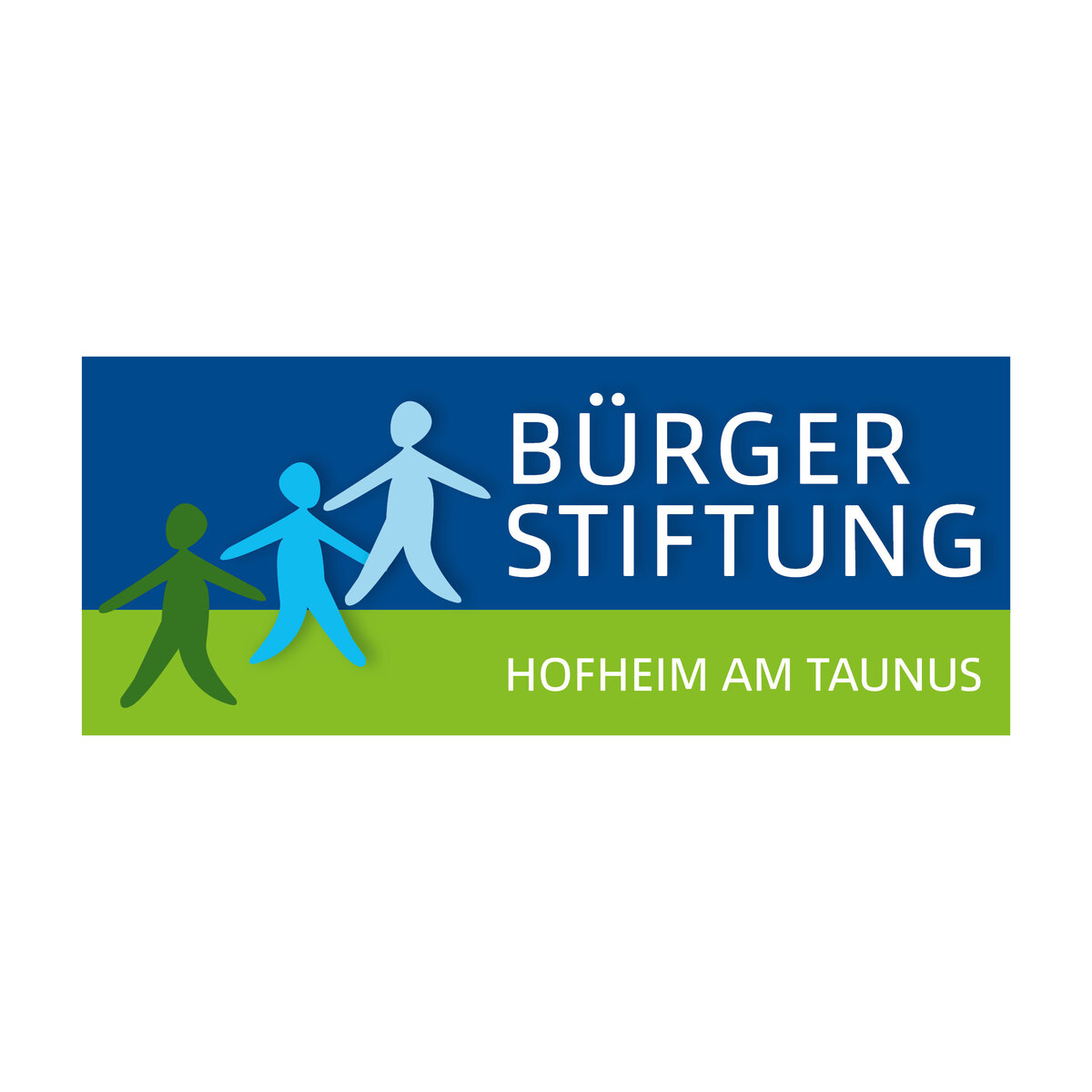 Logo Bürgerstiftung, 3 Figuren und der Titel auf blau-grünen Hintergrund