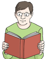 Mann mit Brille und grünem Pullover liest ein Buch