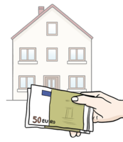 Hand mit Geldscheinen vor einem Haus