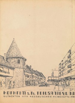 Titelblatt Gutachten Nassauische Heimstätte, 1970, zeigt die Turmzeile neben fünf-geschossigen Wohnhäusern Quelle: StadtAHofh, Sig. 27.13.02